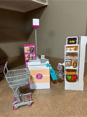 Barbie Checkout Play Counter with Cart and Shelves - Pink, White, Silver